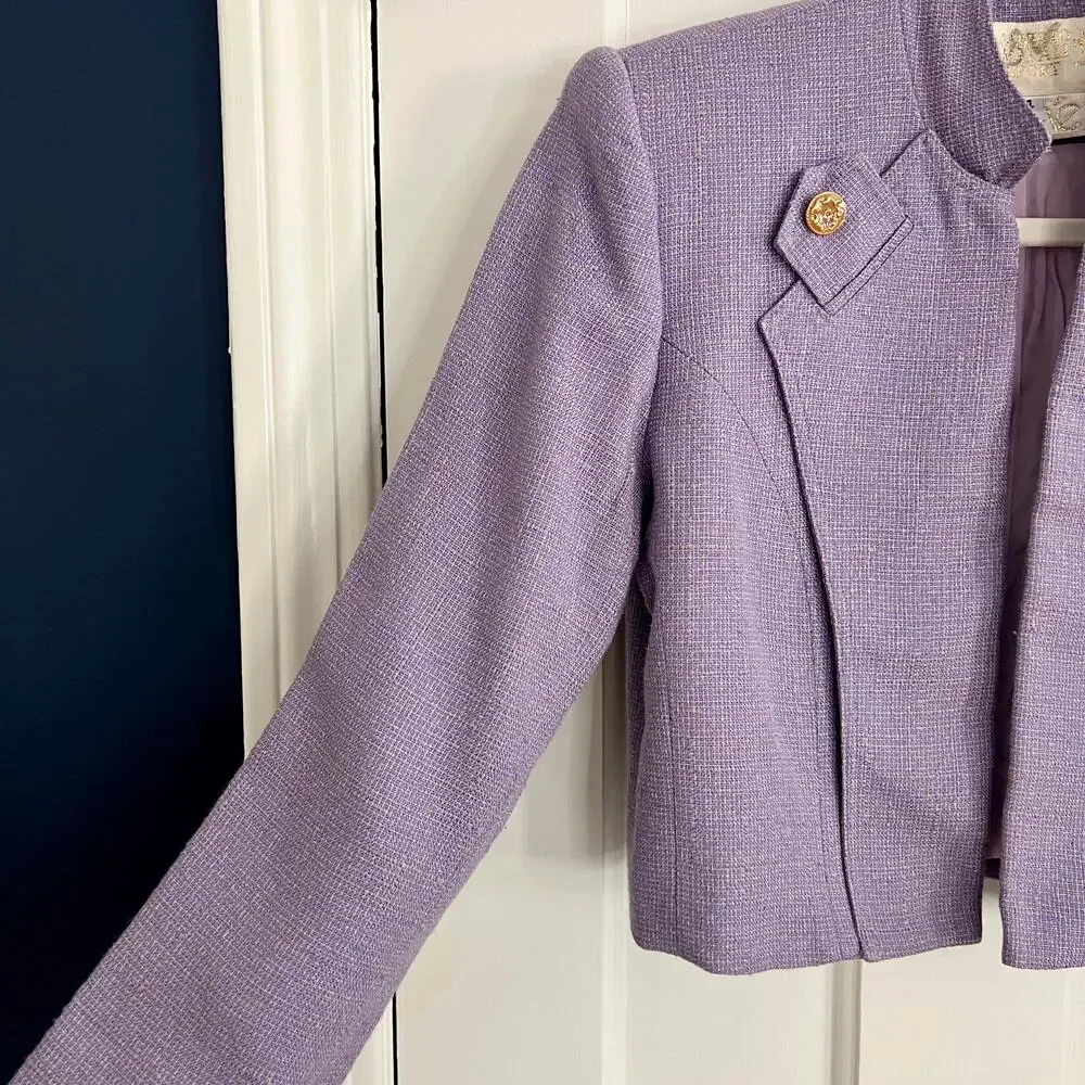♥️ Alberto Mikali Vintage Purple Cropped Tweed Military Jacket Size 4 - Picture 4 of 10